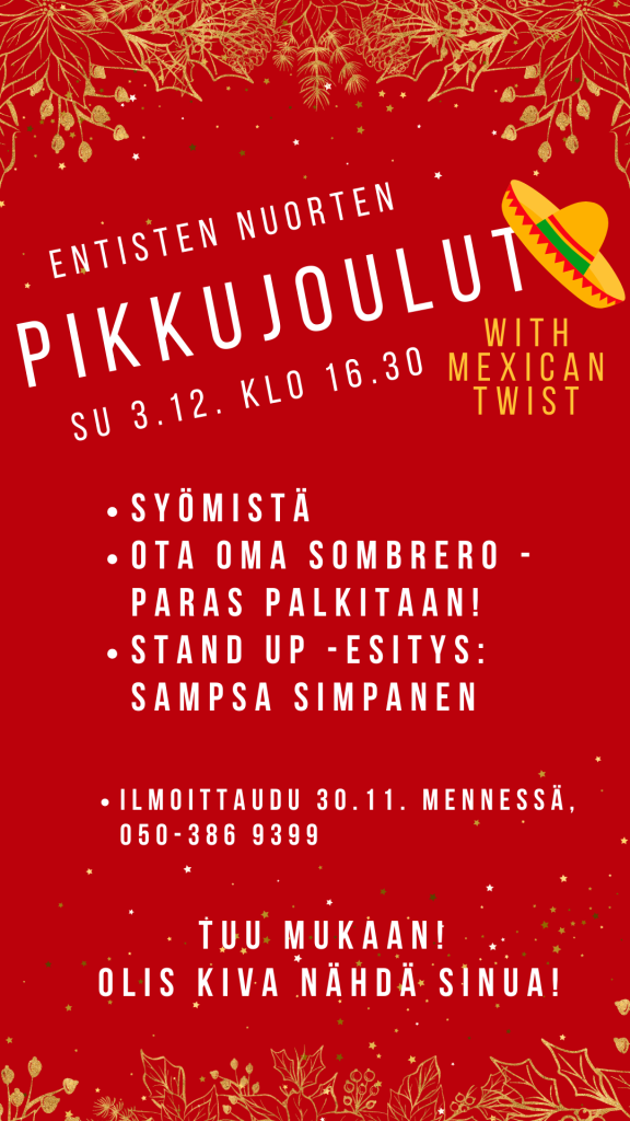 Mainos pikkujoulusta sunnuntaina 3.12. klo 16.30.
